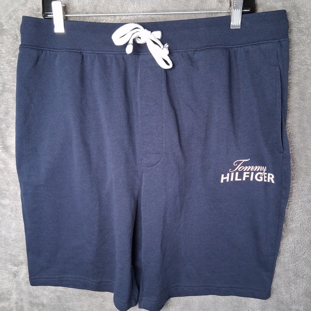 Tommy Hilfiger Sweat Shorts Men's Large Blue Stretch Pockets Drawstring Logo